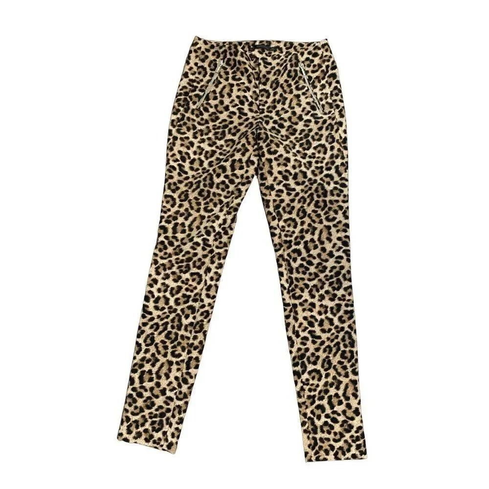 zara womens brown black leopard print mid rise pants xs
